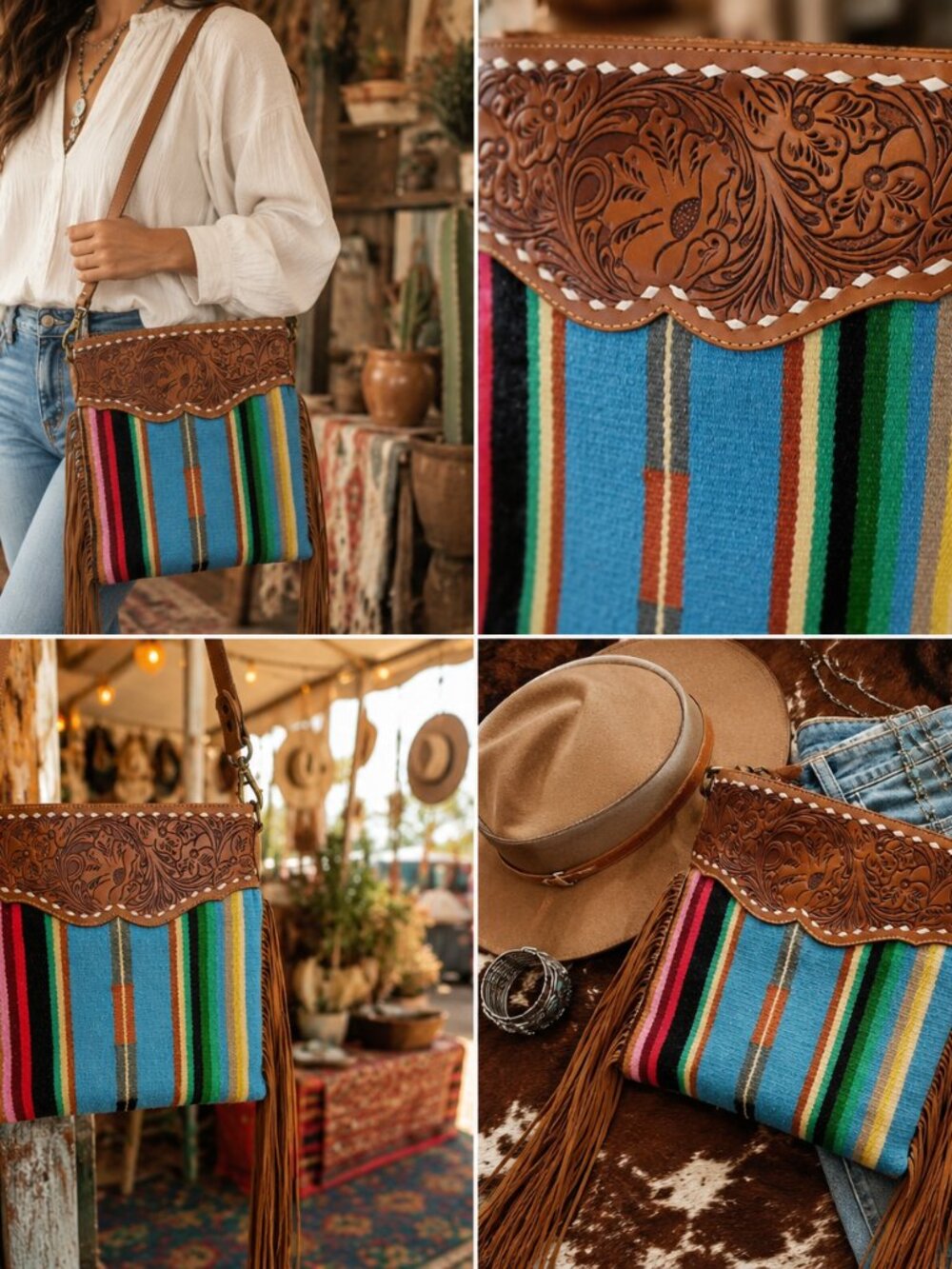 American Darling Tooled Leather Serape Fringe Crossbody Bag Western Boho